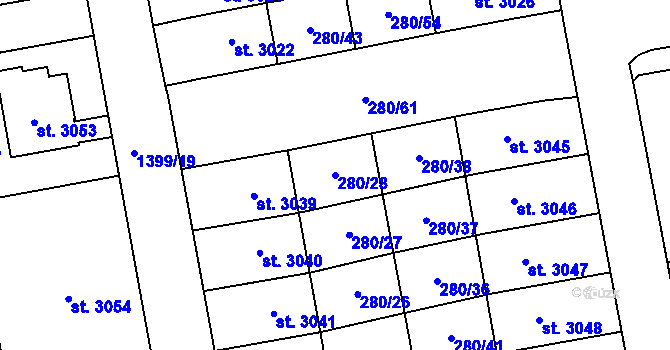 Parcela st. 280/28 v KÚ Hranice, Katastrální mapa