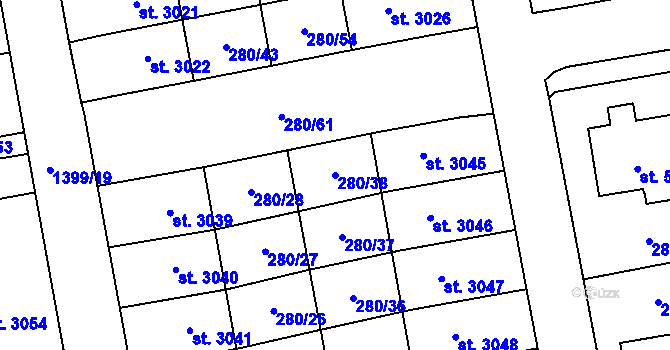 Parcela st. 280/38 v KÚ Hranice, Katastrální mapa