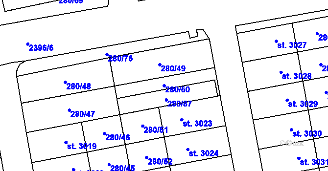 Parcela st. 280/50 v KÚ Hranice, Katastrální mapa