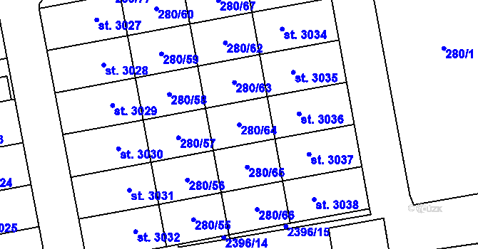 Parcela st. 280/64 v KÚ Hranice, Katastrální mapa