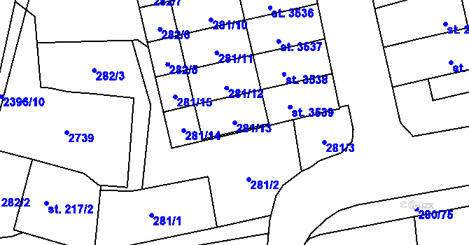 Parcela st. 281/13 v KÚ Hranice, Katastrální mapa
