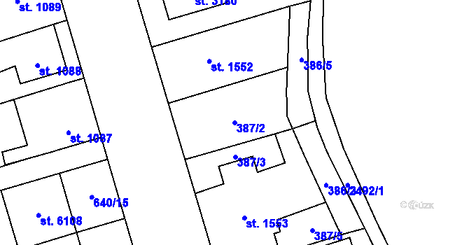 Parcela st. 387/2 v KÚ Hranice, Katastrální mapa