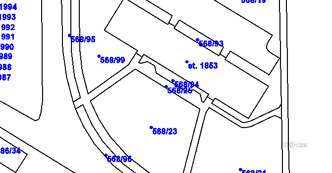 Parcela st. 568/25 v KÚ Hranice, Katastrální mapa