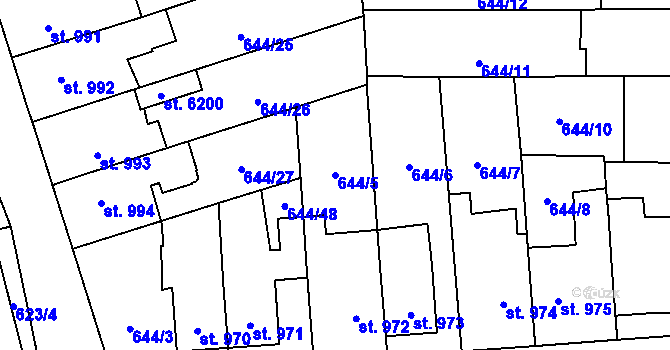 Parcela st. 644/5 v KÚ Hranice, Katastrální mapa