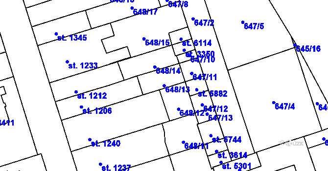 Parcela st. 648/13 v KÚ Hranice, Katastrální mapa