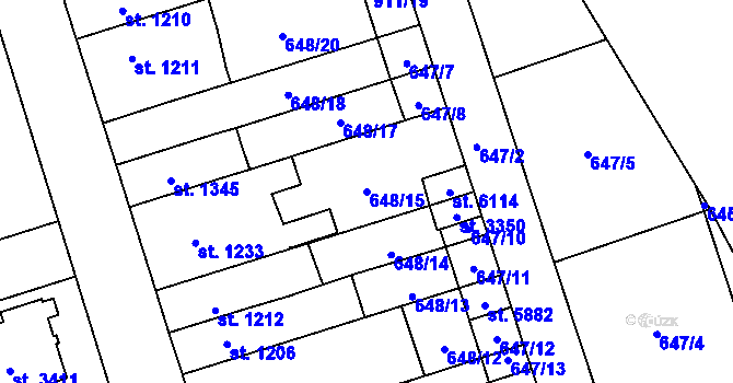 Parcela st. 648/15 v KÚ Hranice, Katastrální mapa