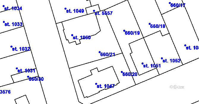 Parcela st. 660/21 v KÚ Hranice, Katastrální mapa