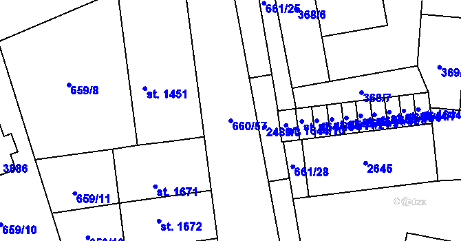 Parcela st. 660/57 v KÚ Hranice, Katastrální mapa