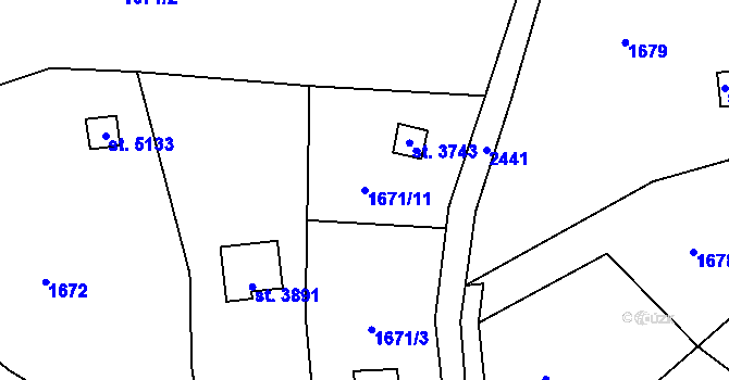 Parcela st. 1671/11 v KÚ Hranice, Katastrální mapa