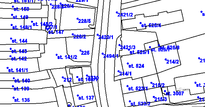 Parcela st. 2494/1 v KÚ Hranice, Katastrální mapa
