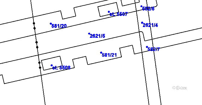 Parcela st. 581/21 v KÚ Hranice, Katastrální mapa