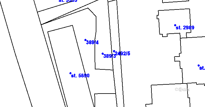 Parcela st. 389/3 v KÚ Hranice, Katastrální mapa