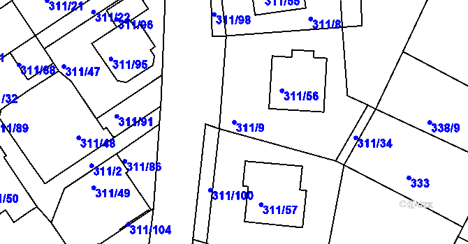 Parcela st. 311/9 v KÚ Hrdějovice, Katastrální mapa