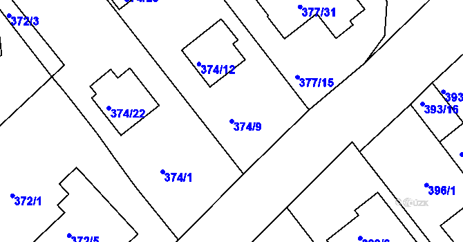 Parcela st. 374/9 v KÚ Hrdějovice, Katastrální mapa
