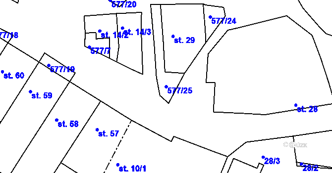 Parcela st. 577/25 v KÚ Hrdly, Katastrální mapa