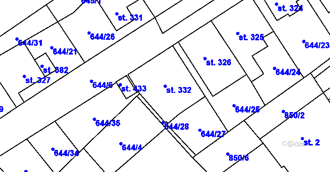 Parcela st. 332 v KÚ Hrob, Katastrální mapa