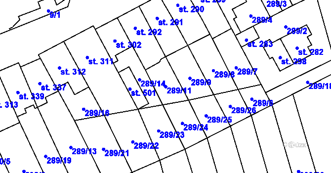 Parcela st. 289/11 v KÚ Hrob, Katastrální mapa