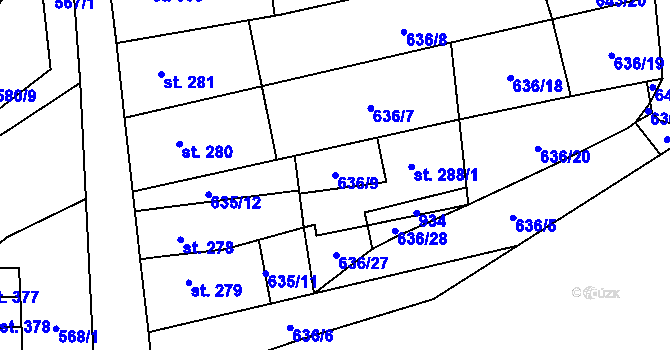 Parcela st. 636/9 v KÚ Hrob, Katastrální mapa