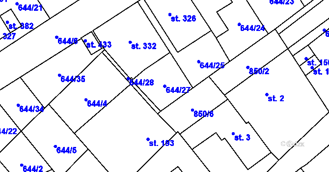 Parcela st. 644/27 v KÚ Hrob, Katastrální mapa
