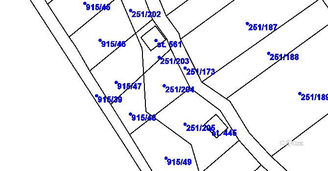 Parcela st. 251/204 v KÚ Hrob, Katastrální mapa