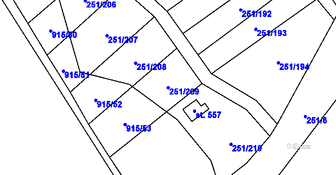 Parcela st. 251/209 v KÚ Hrob, Katastrální mapa