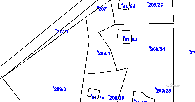 Parcela st. 209/1 v KÚ Křižanov u Hrobu, Katastrální mapa