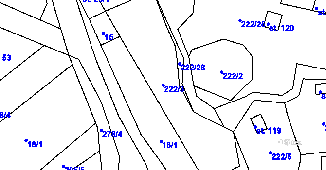 Parcela st. 222/3 v KÚ Křižanov u Hrobu, Katastrální mapa