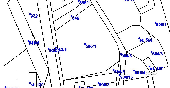 Parcela st. 596/1 v KÚ Mlýny, Katastrální mapa