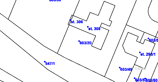 Parcela st. 603/20 v KÚ Hrobce, Katastrální mapa