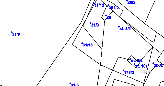 Parcela st. 31/13 v KÚ Hrobice, Katastrální mapa