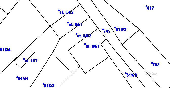 Parcela st. 80/1 v KÚ Blansko u Hrochova Týnce, Katastrální mapa
