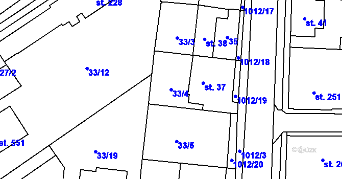 Parcela st. 33/4 v KÚ Hrochův Týnec, Katastrální mapa