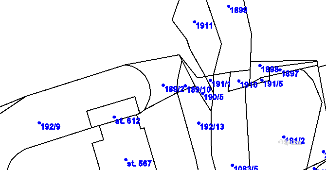 Parcela st. 189/2 v KÚ Hrochův Týnec, Katastrální mapa