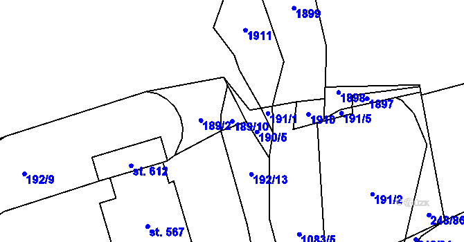 Parcela st. 189/10 v KÚ Hrochův Týnec, Katastrální mapa