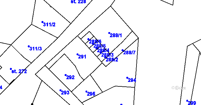 Parcela st. 288/3 v KÚ Hronov, Katastrální mapa