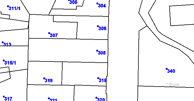 Parcela st. 308 v KÚ Hronov, Katastrální mapa