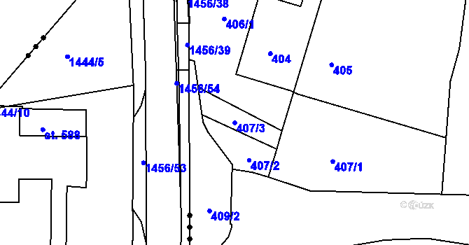 Parcela st. 407/3 v KÚ Hronov, Katastrální mapa