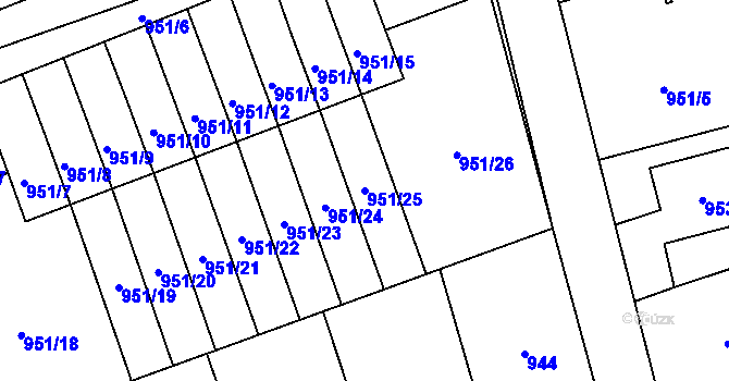Parcela st. 951/25 v KÚ Hronov, Katastrální mapa