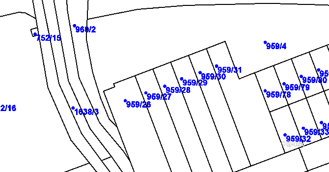 Parcela st. 959/28 v KÚ Hronov, Katastrální mapa