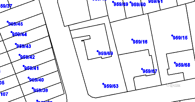 Parcela st. 959/69 v KÚ Hronov, Katastrální mapa
