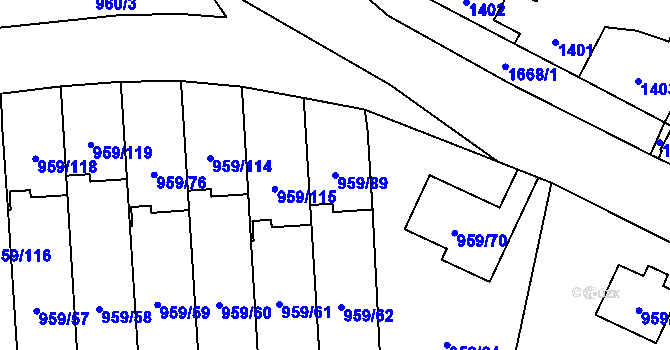 Parcela st. 959/89 v KÚ Hronov, Katastrální mapa