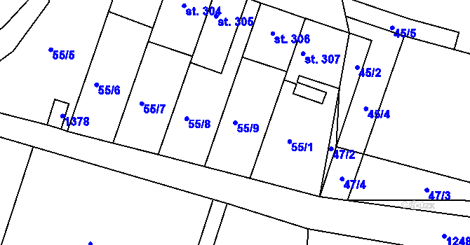 Parcela st. 55/9 v KÚ Zbečník, Katastrální mapa