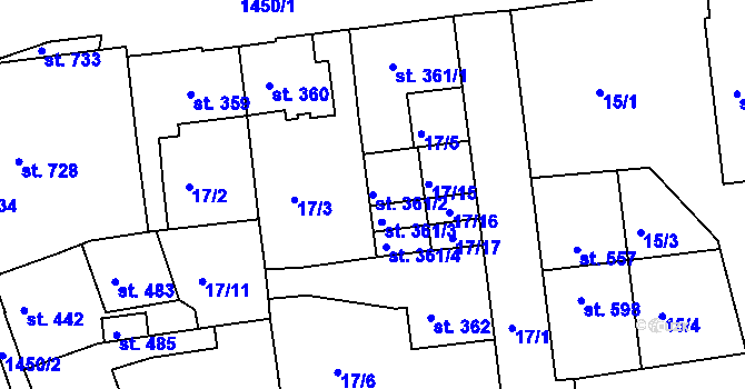 Parcela st. 361/2 v KÚ Velké Poříčí, Katastrální mapa