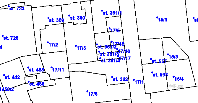 Parcela st. 361/3 v KÚ Velké Poříčí, Katastrální mapa