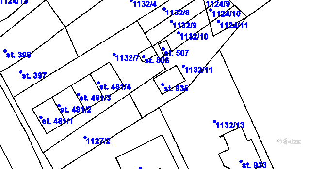 Parcela st. 835 v KÚ Velké Poříčí, Katastrální mapa