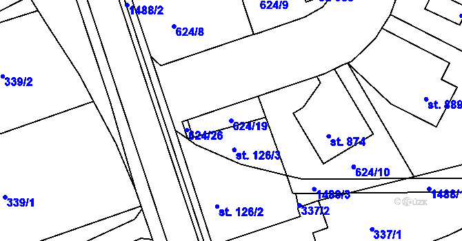 Parcela st. 624/19 v KÚ Velké Poříčí, Katastrální mapa