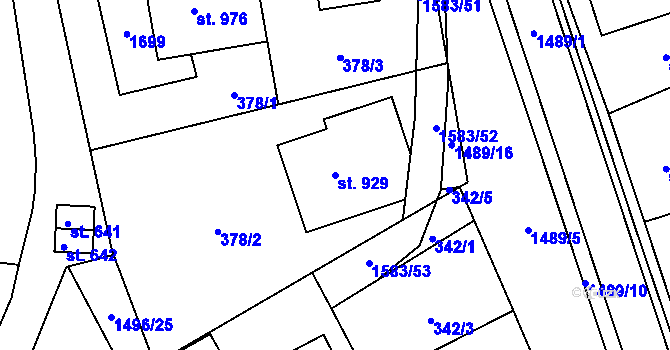 Parcela st. 929 v KÚ Velké Poříčí, Katastrální mapa