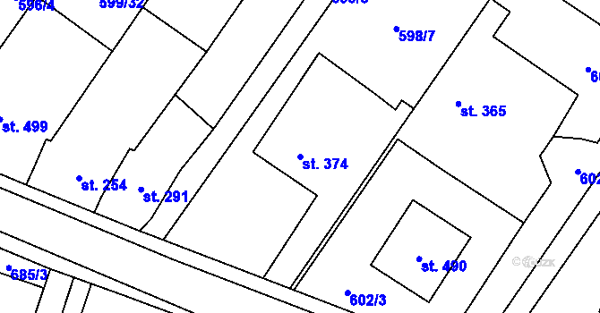 Parcela st. 374 v KÚ Hrotovice, Katastrální mapa