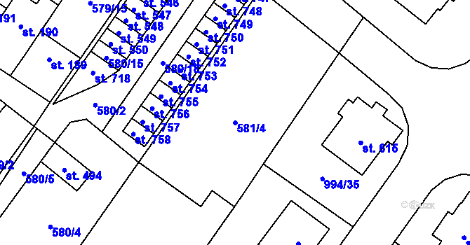 Parcela st. 581/4 v KÚ Hrotovice, Katastrální mapa