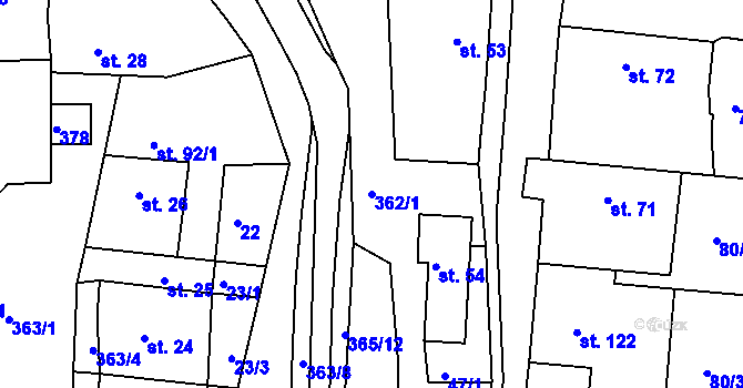 Parcela st. 362/1 v KÚ Hroubovice, Katastrální mapa